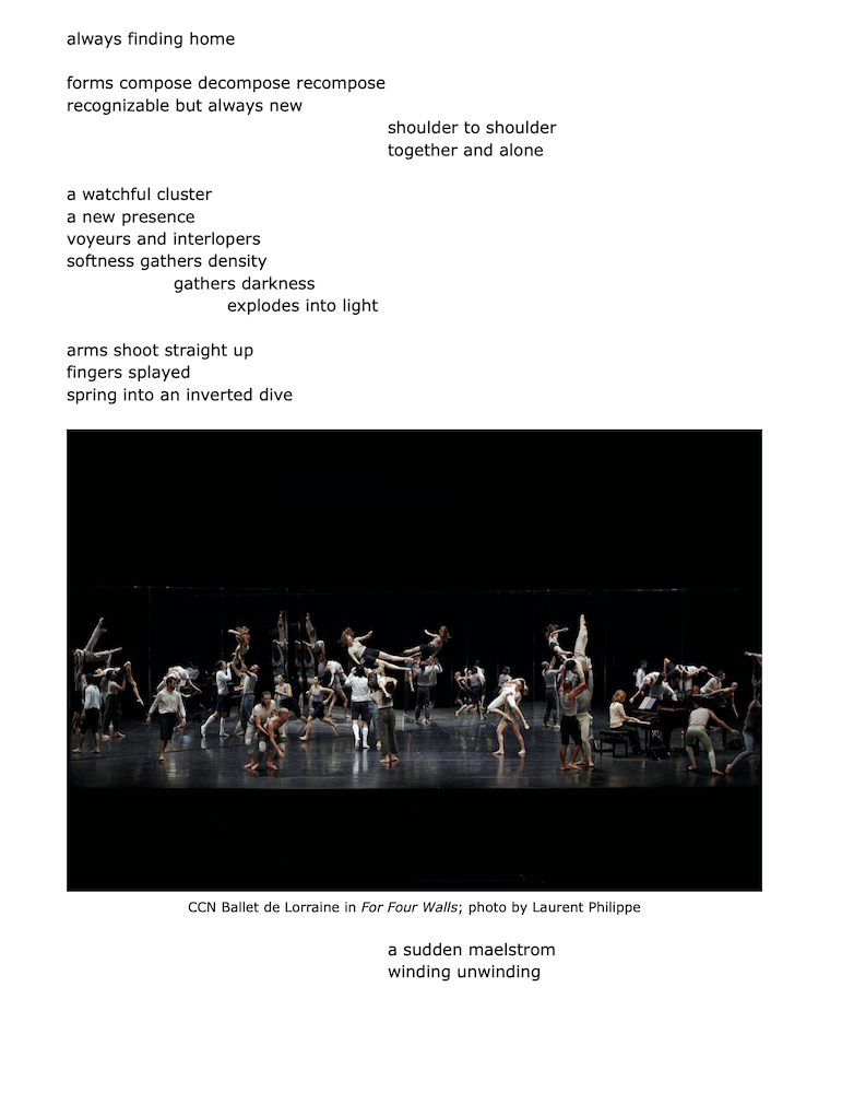 poetry and picture of masses of bodies donned in white black and grey rehearsal clothes milling about with different groups engaged in lifts